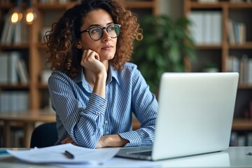 Thoughtful serious professional business woman employee or student using laptop, looking away thinking of question or idea, working or learning on computer feeling doubt, at home or in office.