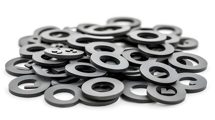 Black rubber washers stacked in a random arrangement on a white background showcasing their unique shapes and sizes