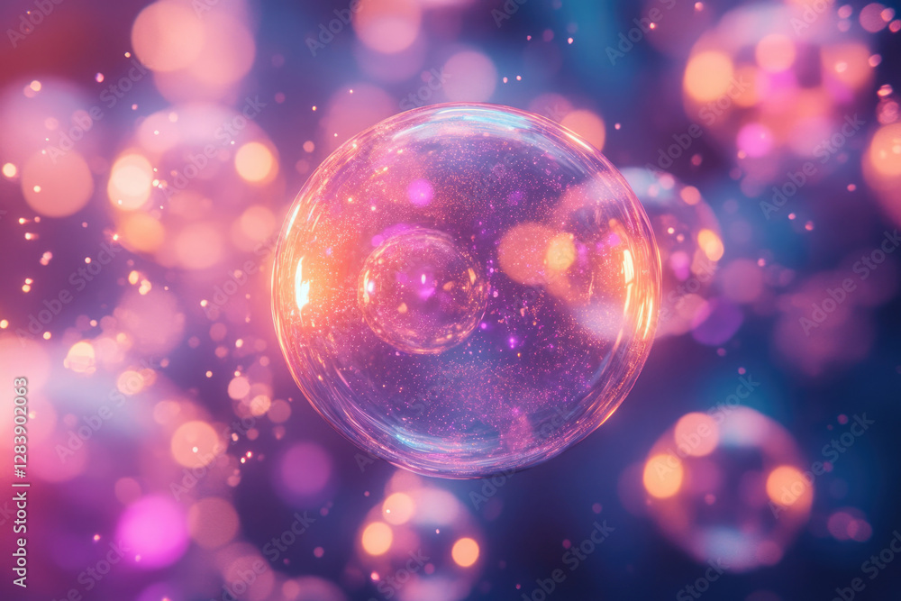 Poster A transparent sphere filled with sparkling pink and orange lights, floating amidst a bokeh background.