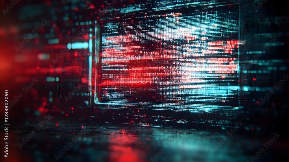 Poster Futuristic digital landscape with glitchy neon lights streaming data displays and abstract computer code elements  Represents the dynamic and high tech nature of modern intelligence