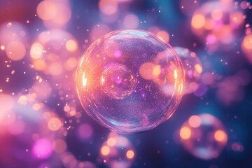 A transparent sphere filled with sparkling pink and orange lights, floating amidst a bokeh background.