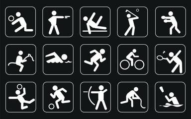  A set of icons representing different sports. The icons are made in a minimalist style, with white figures on a black background.