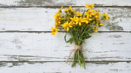 yellow wildflowers bouquet on white wooden background