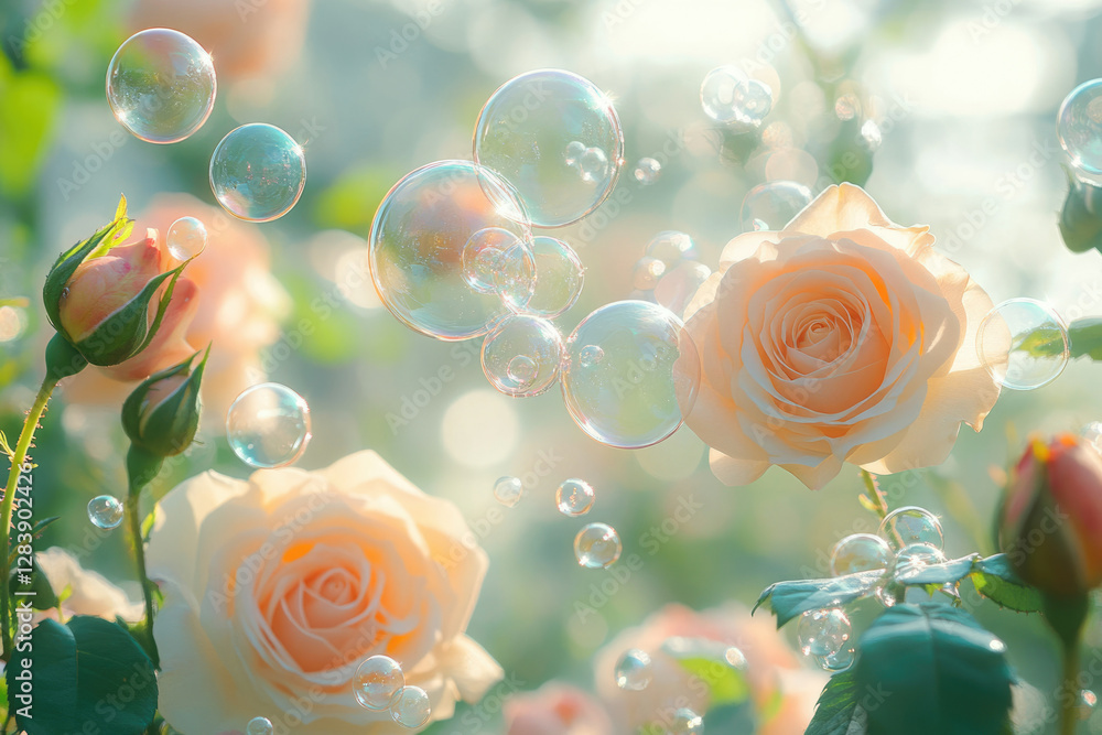 Poster peach roses and iridescent bubbles float in a sunlit garden, a delicate and ethereal scene.