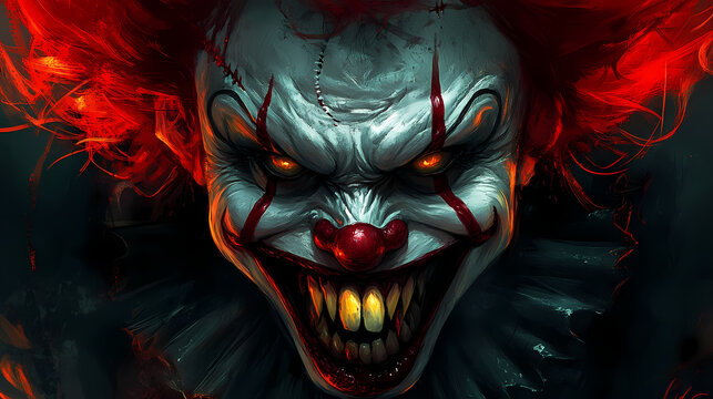 Evil clown face with red hair, sharp teeth, and menacing grin. Demonic Smiling Portraits. Illustration