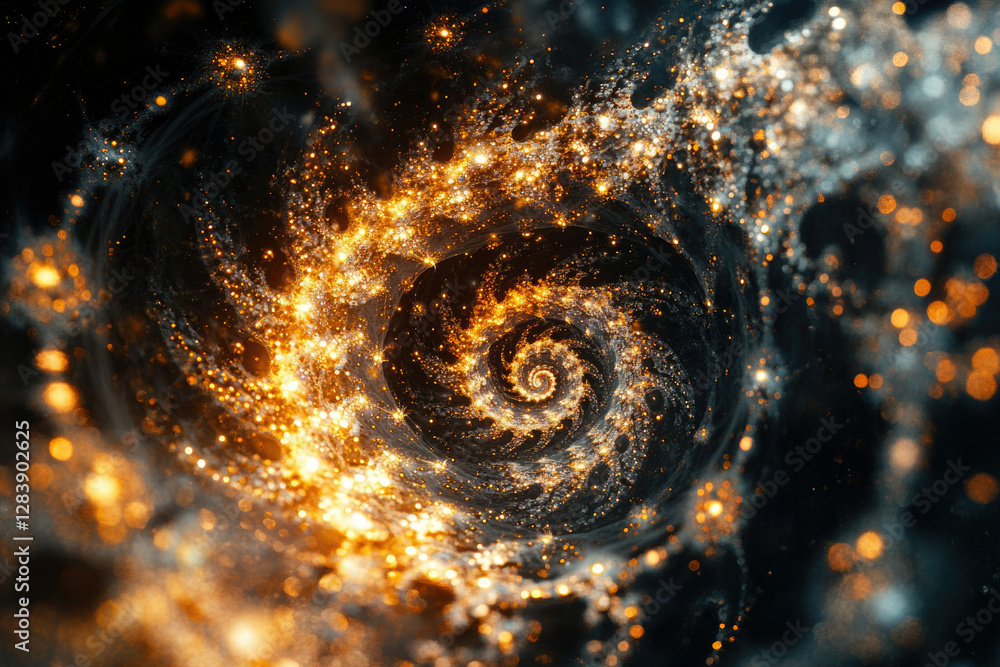Poster a mesmerizing spiral of golden and silver sparkles, creating a cosmic, glittering vortex.