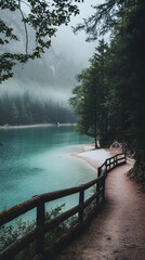 A path leading to the shore of an emerald lake
