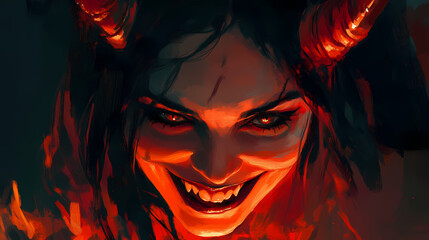 Fiery demonic woman, horns ablaze, evil smile. Demonic Smiling Portraits. Illustration