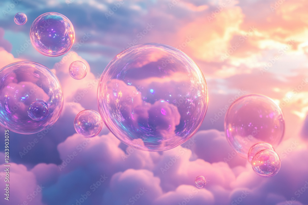 Poster many iridescent soap bubbles float in a dreamy pastel sky, reflecting the colorful clouds.