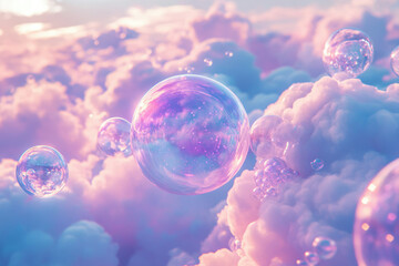 Floating iridescent bubbles reflecting a dreamy pink and purple sky filled with fluffy clouds.