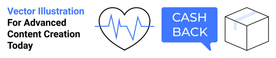 Heart with heartbeat line for health monitoring, speech bubble with cash back for financial concept, and cube box for shipping or delivery. Ideal for healthcare, finance, e-commerce, logistics