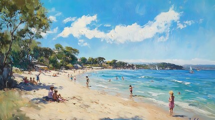 Lively beach scene with children playing in the sand and families enjoying the sunny summer day near the water.