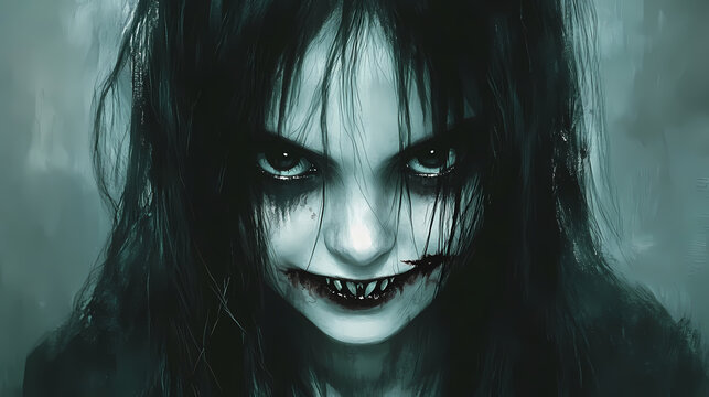 Horror portrait of a demonic young girl with haunting eyes and sinister smile, capturing eerie mood in gothic art style. Demonic Smiling Portraits. Illustration