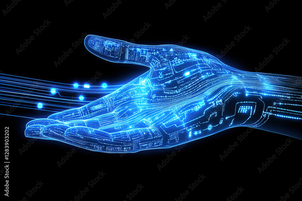 Poster digital hand reaching out with illuminated lines and circuits