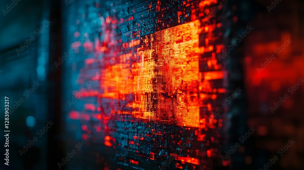 Aufkleber Futuristic digital technology abstract with glitch effect  Chaotic grid of data code and pixels creating a dynamic electric and surging visual