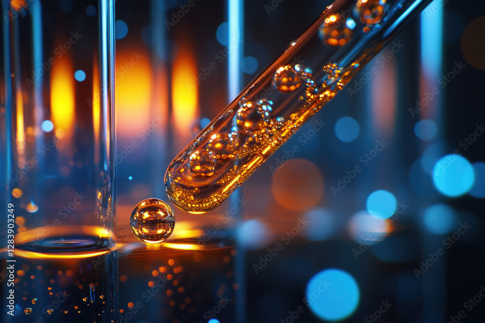 Poster close-up of a pipette dispensing liquid into test tubes, illuminated with warm and cool lights.