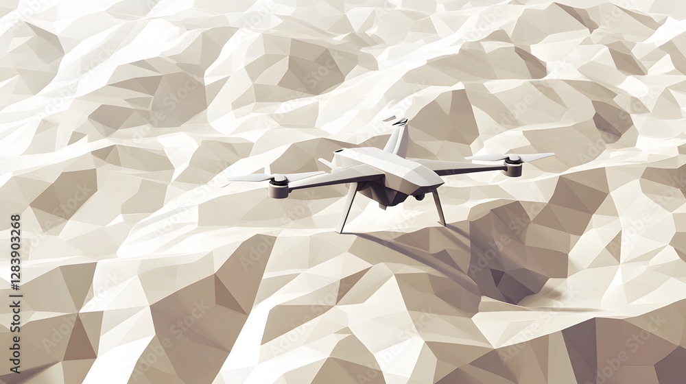Poster aerial view of a sleek drone flying over abstract geometric patterns, showcasing technology and inno