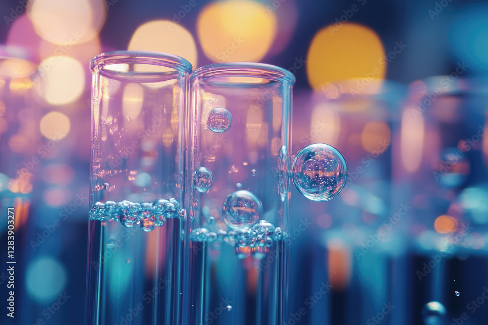 Aufkleber close-up of test tubes filled with a clear liquid and bubbles, set against a bokeh background.