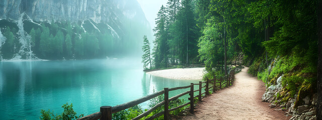 A path leading to the shore of an emerald lake
