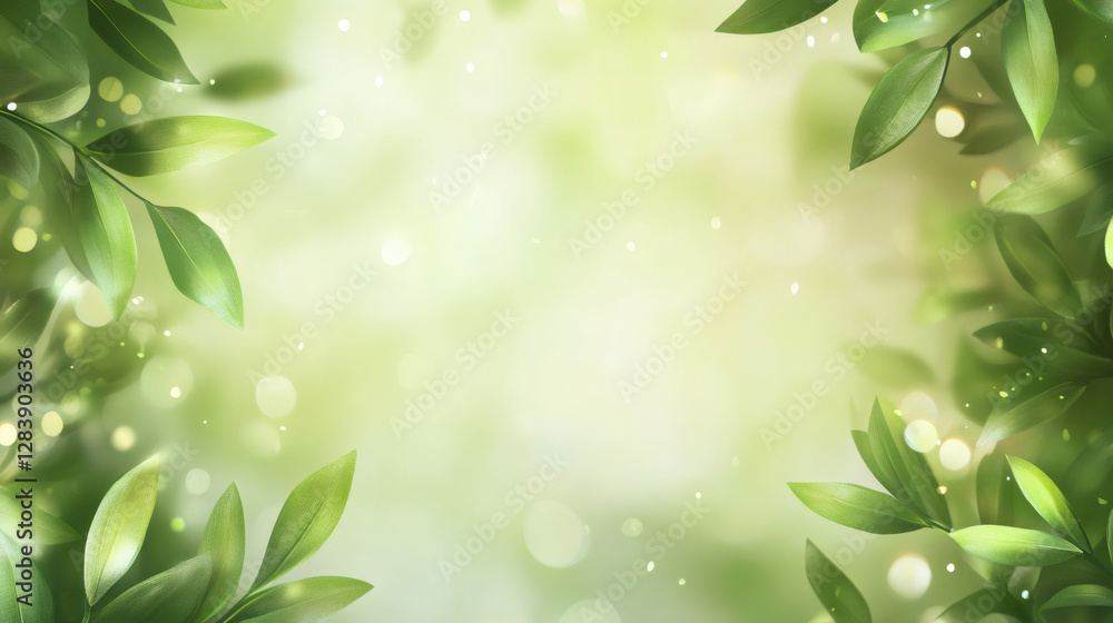 Poster Fresh green leaves frame a blurred background with bokeh effect, creating a natural and vibrant spring or summer atmosphere