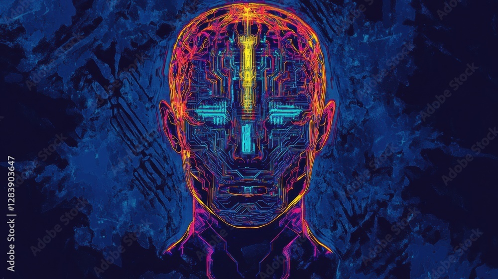 Poster futuristic human head silhouette with neon circuit board pattern representing advanced ai design con