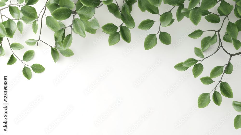 Poster branches with green leaves creating a border on a white background, ideal for nature-themed designs