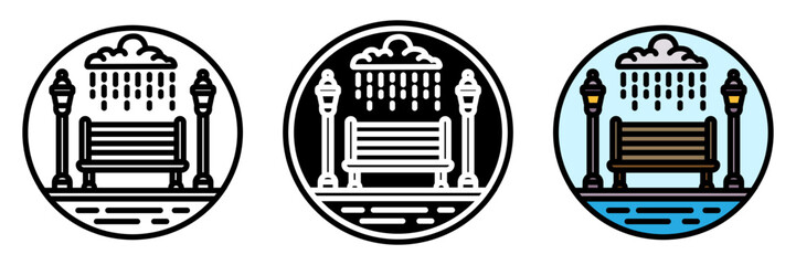 Park Bench Wet is a soaked bench due to rain, making it uncomfortable to sit on.