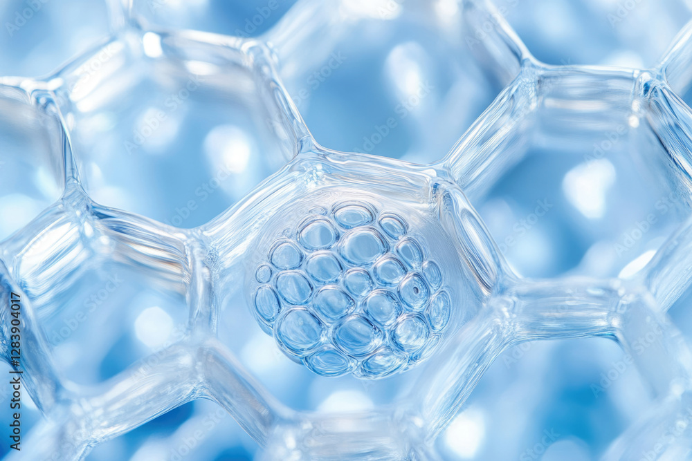 Aufkleber Microscopic view of a cellular structure resembling a honeycomb with a cluster of bubbles at its center.