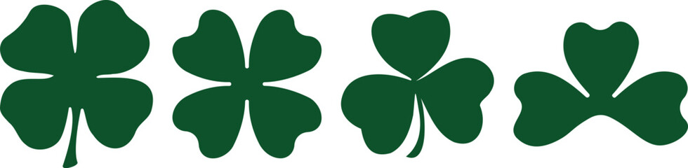 Clover leaf Collection with three and four petals, Green Shamrock vector icon on white background. St patricks day logo party elements for banner, postcards, invitation, posters, t-shirts. 