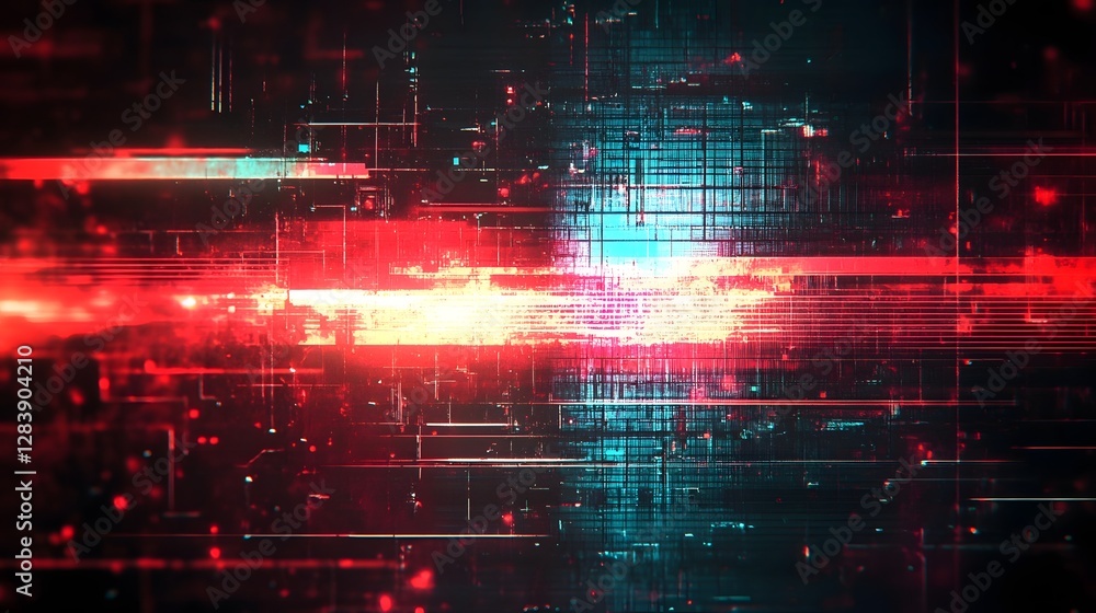 Poster Futuristic glitch digital technology cyber network data connection matrix particle background  Surreal abstract space environment with neon light modern graphic animation and geometric design