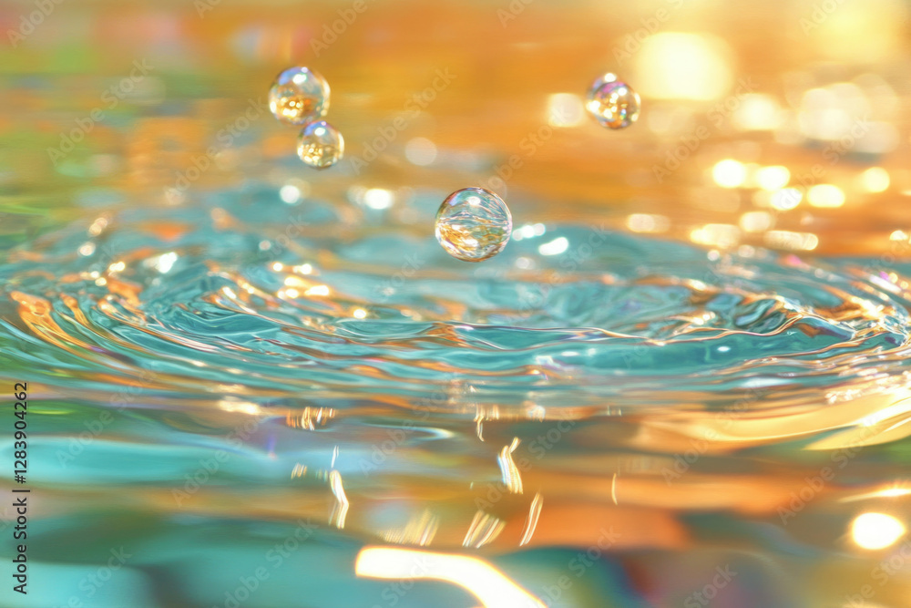 Poster water droplets falling on calm water, creating mesmerizing ripples and reflections of light.