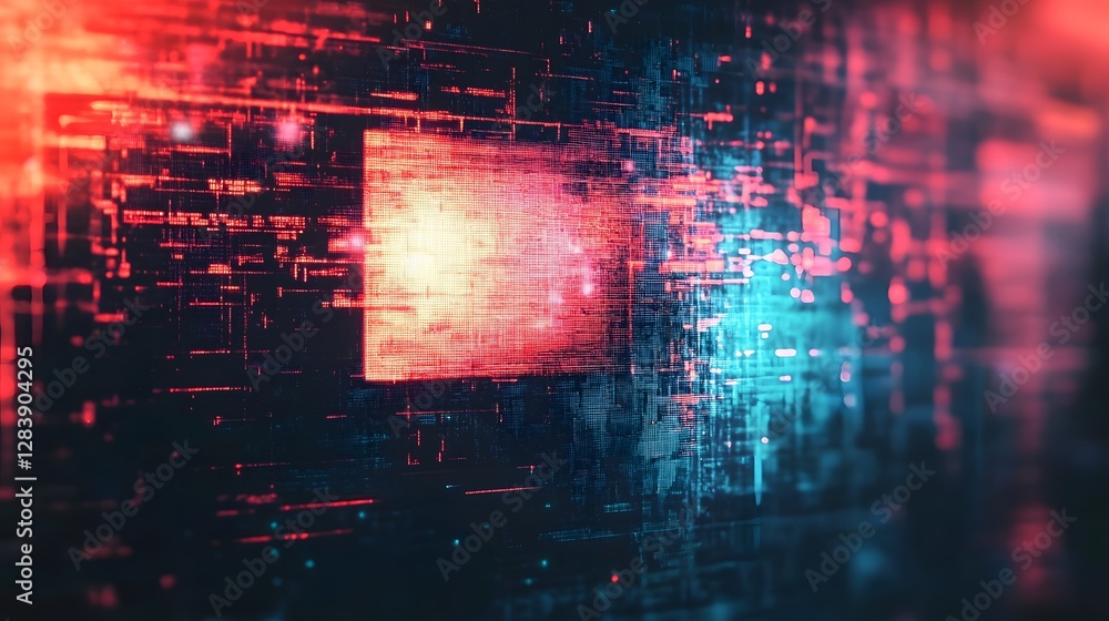 Poster Futuristic glitch fractal energy shockwave digital technology abstract background  Dynamic geometric particles data coding and network connections in a neon cyber matrix
