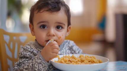 Middle eastern toddler boy eats meal with rice