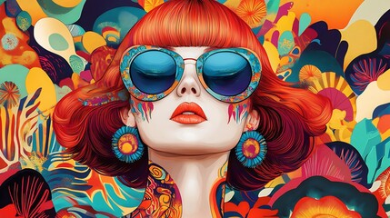 Vibrant Digital Painting: Fashionable Woman in Bold Sunglasses, Surrounded by Colorful Flora AI Generated