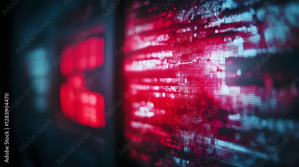Poster Futuristic glitch digital technology abstract backdrop with red and blue neon lights data stream binary code and digital interface elements