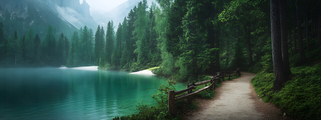 A path leading to the shore of an emerald lake
