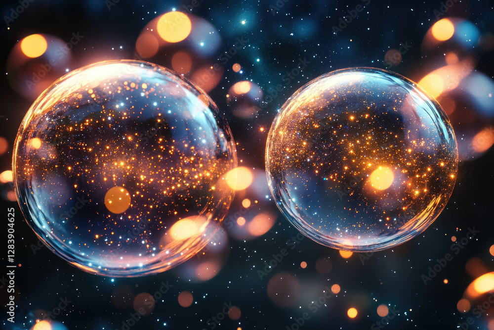 Aufkleber two luminous glass spheres filled with sparkling golden dust and surrounded by a bokeh effect.