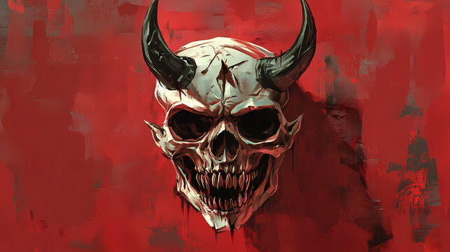 Teschio di demone stilizzato con corna, zanne, ghigno malefico e sguardo maligno, stylized demon skull with horns, fangs, evil grin and evil gaze. Demonic Smiling Portraits. Illustration