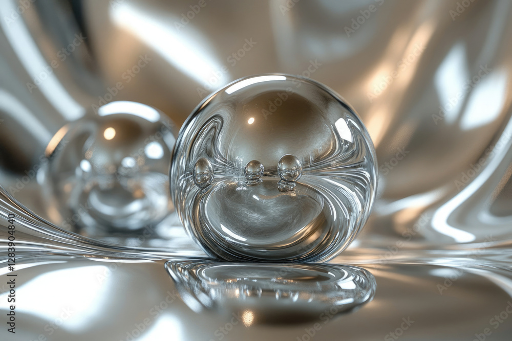 Poster Reflective glass spheres rest on a metallic, flowing surface, creating a mesmerizing abstract image.