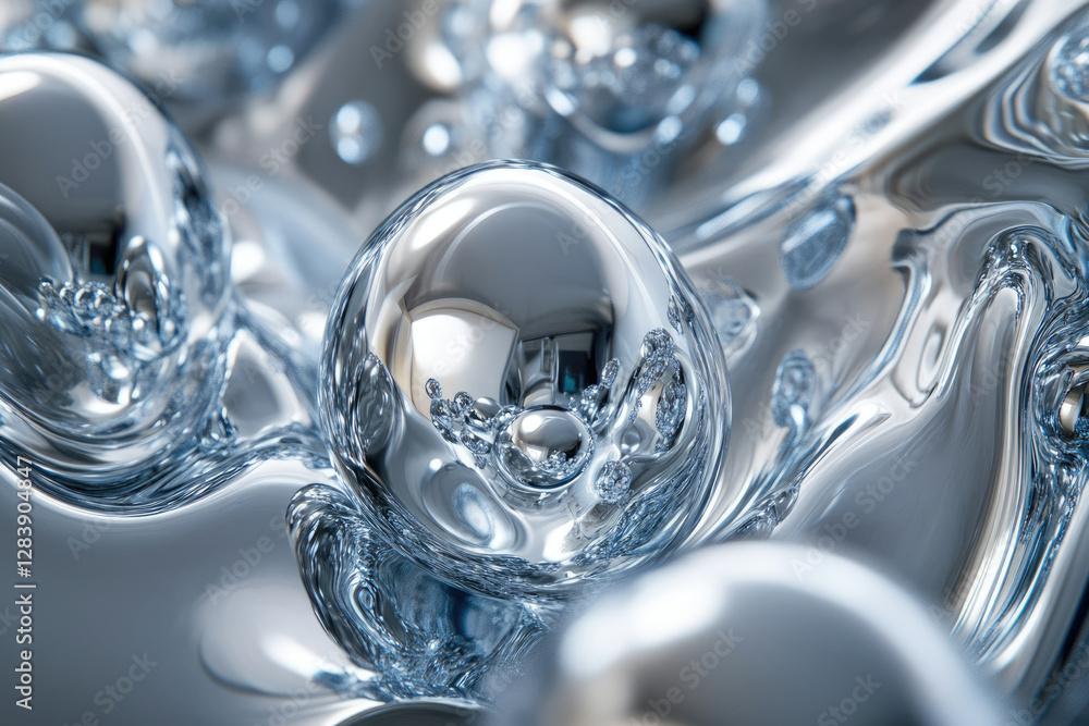Aufkleber Abstract image of liquid metal spheres with air bubbles, reflecting light and creating a mesmerizing visual effect.