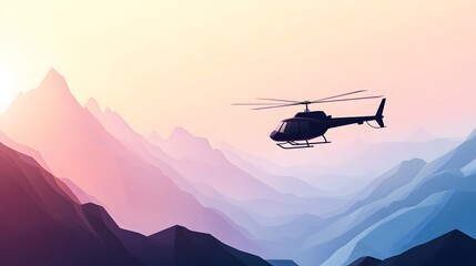 Fototapeta na wymiar Helicopter flying over colorful mountain range, serene sky with soft hues, adventure theme, perfect for travel content.