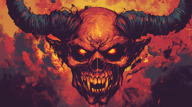 Teschio di demone stilizzato con corna, zanne, ghigno malefico e sguardo maligno, stylized demon skull with horns, fangs, evil grin and evil gaze. Demonic Smiling Portraits. Illustration