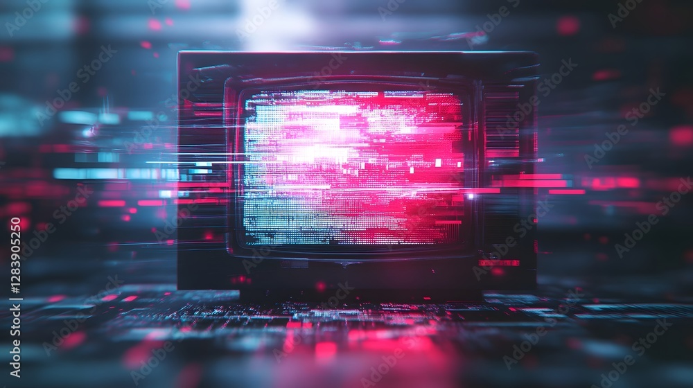 Poster Futuristic neon digital glitch distortion with blurred luminous energy patterns and geometric shapes  Abstract technological backdrop with electric signals data streams and a surreal aesthetic