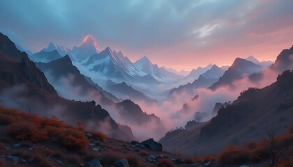 Majestic Mountain Range at Sunset with Fog and Colorful Sky Over Valley Landscape