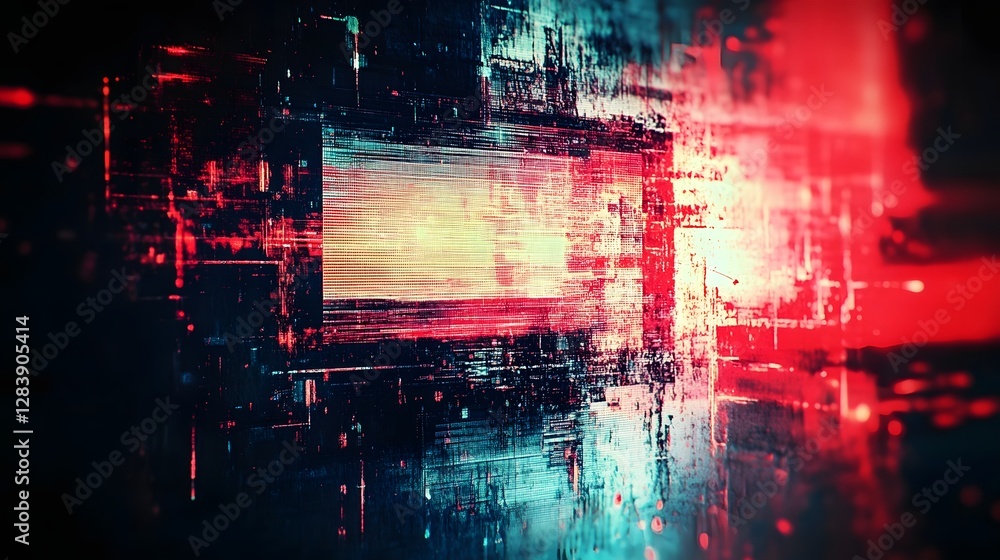 Leinwandbilder Futuristic neon digital technology visualization with glitch and data flow effect  Colorful abstract cyber background with dynamic matrix circuit and particle elements