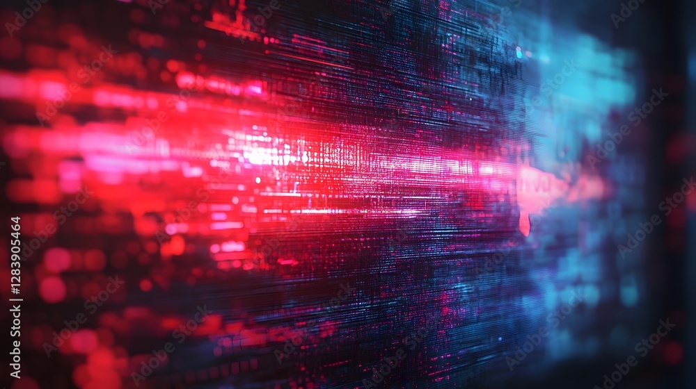 Poster Futuristic neon fractal lights data and technology digital abstract background with glowing luminous geometric shapes and patterns in vibrant colors