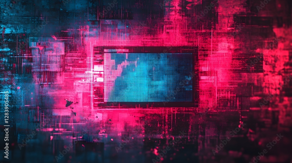 Poster Futuristic neon glitch abstract digital art backdrop with vivid colors geometric patterns and a pulsating cyberpunk inspired aesthetic