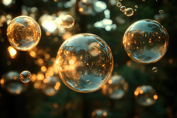 Naklejka premium Golden soap bubbles reflecting sunlight and trees in a dreamy, magical forest setting.