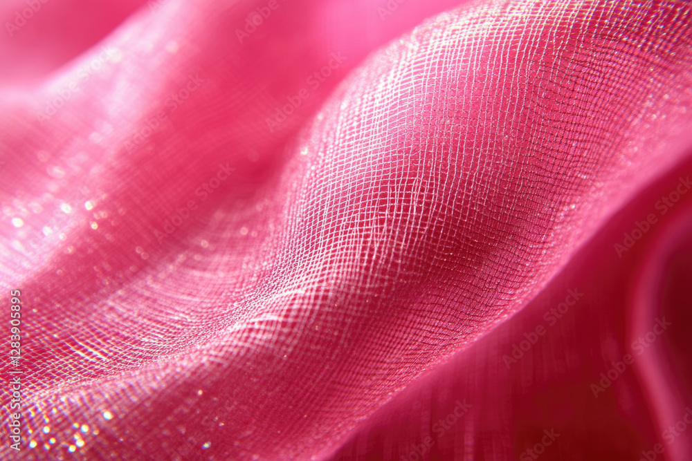 Poster close-up of pink fabric with a delicate, shimmering grid pattern, soft and luxurious.