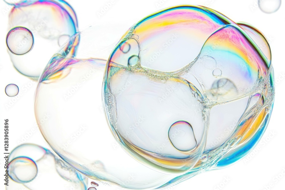 Poster colorful soap bubbles on a white background create a playful and vibrant atmosphere, encapsulating j